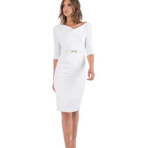 Sz 10 Black Halo CLASSIC 3/4 SLEEVE JACKIE O SHEATH DRESS Ivory White - Picture 1 of 11